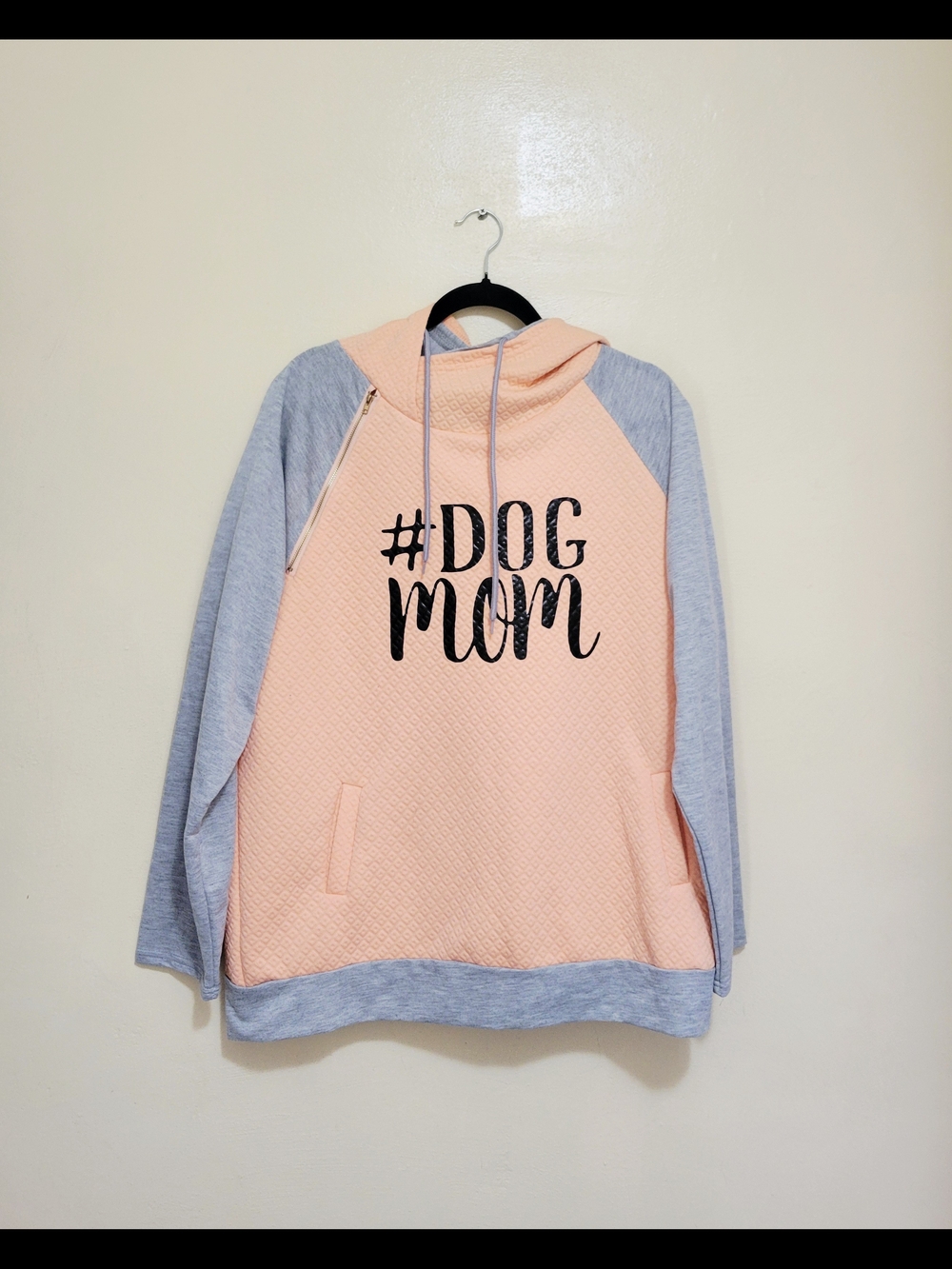 Dog Mom Quilted Peach & Gray Hoodie Sweatshirt - Unbranded